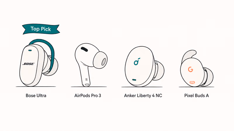 Four wireless running earbud picks lined up with brand labels for runner comparison