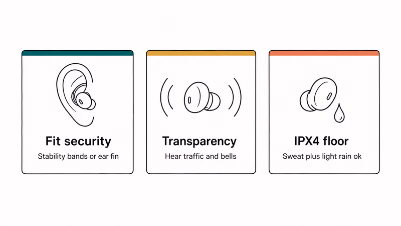 Three icons showing fit security stability bands transparency mode and IPX4 sweat protection for runners