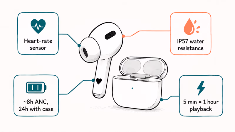 AirPods Pro 3 feature callouts showing heart rate sensor battery and water resistance