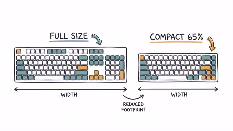 Full size keyboard layout versus compact 65 percent layout side by side comparison