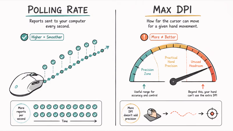 Mouse polling rate report ticks compared with unused maximum DPI headroom