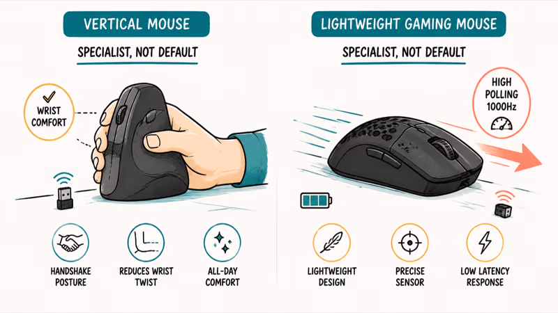 Vertical ergonomic mouse and high polling gaming mouse as specialist branches