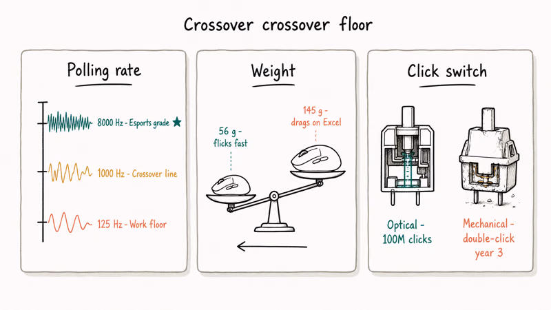 Three hand-drawn cards comparing polling rate, mouse weight, and click switch durability for crossover users.
