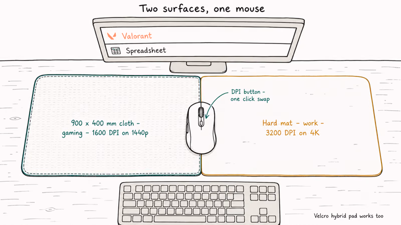 Hand-drawn desk showing cloth gaming pad and hard work mat sharing one DPI-shift wireless mouse.