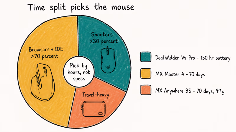 Hand-drawn pie chart routing users to DeathAdder, MX Master 4, or MX Anywhere 3S by daily time split.