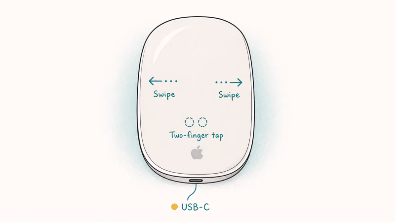 Apple Magic Mouse top view with multi-touch gesture overlays showing swipe and two-finger tap