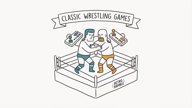 Two wrestlers in a ring with retro game controllers representing classic WWE games