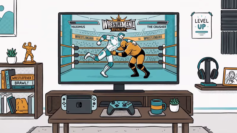 Modern gaming setup showing wrestling game on big screen with controller