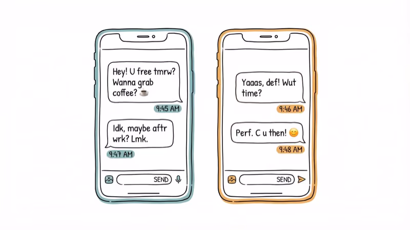 Text message conversation showing casual internet slang abbreviation usage between friends