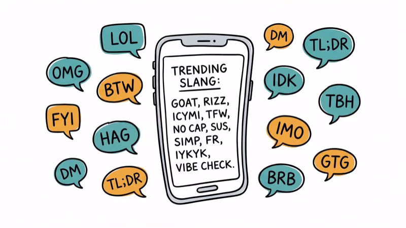 Social media acronym speech bubbles around smartphone showing trending internet slang
