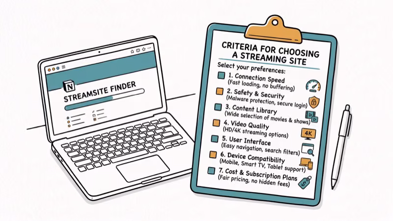 Checklist on clipboard showing streaming site selection criteria