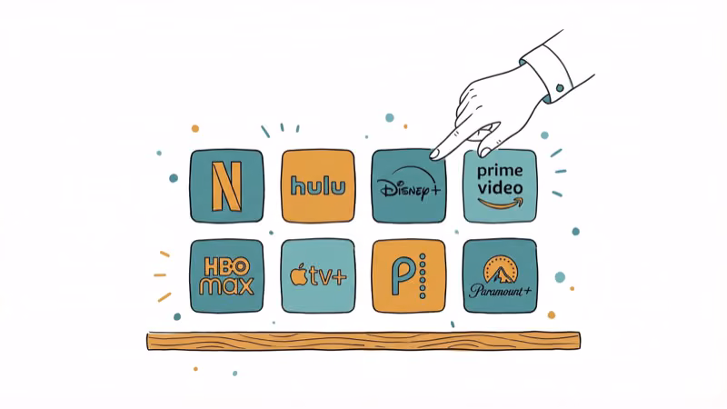 Grid of streaming app icons on a shelf with hand picking one