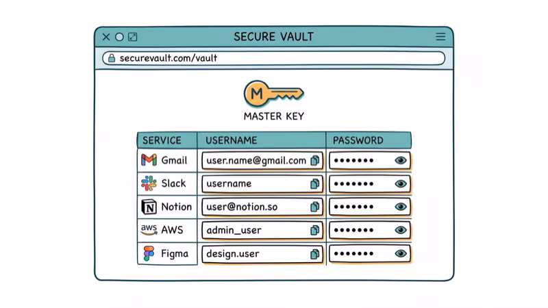Browser window showing password vault with organized login credentials