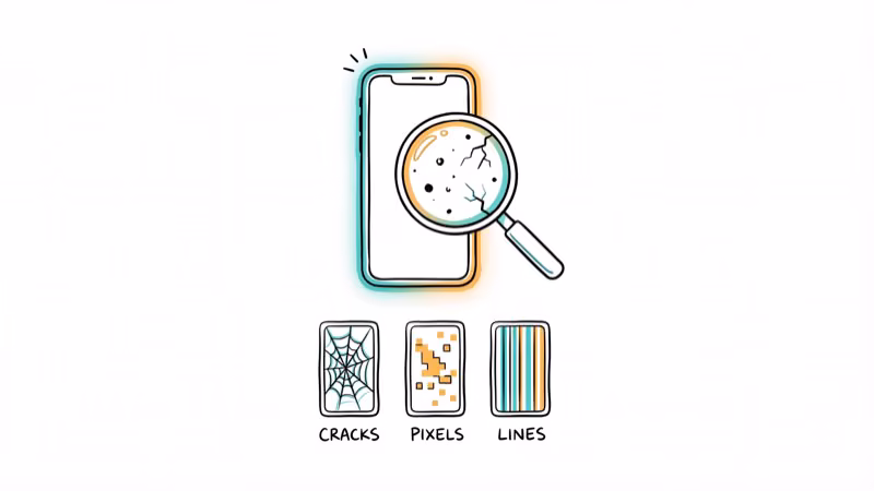 iPhone with magnifying glass showing black spots and different screen damage types