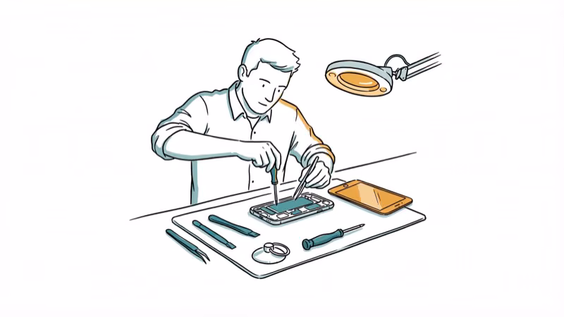 Repair shop technician fixing iPhone screen with tools and replacement display