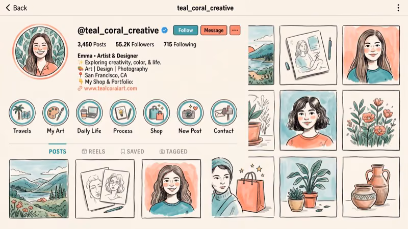 Instagram profile with clean highlight row using blank names and custom covers