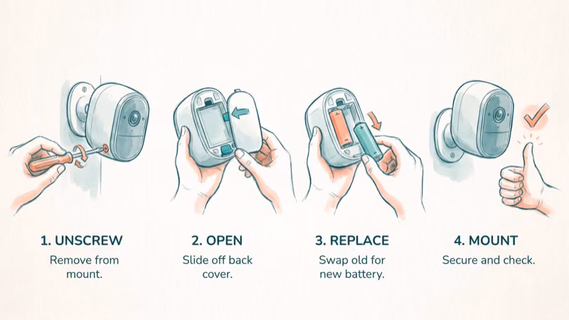 Blink camera battery compartment open showing AA lithium battery replacement