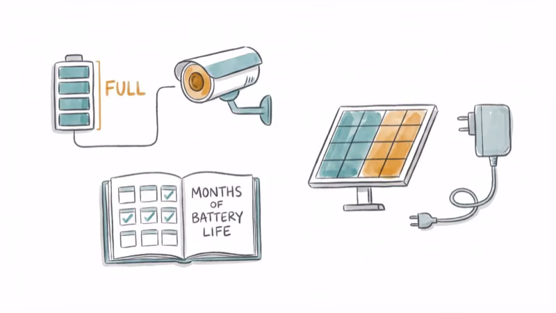 Battery icon at full charge next to security camera with calendar and solar panel