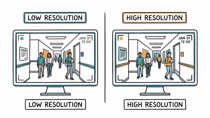 Split screen comparing two security camera video feeds at different resolutions