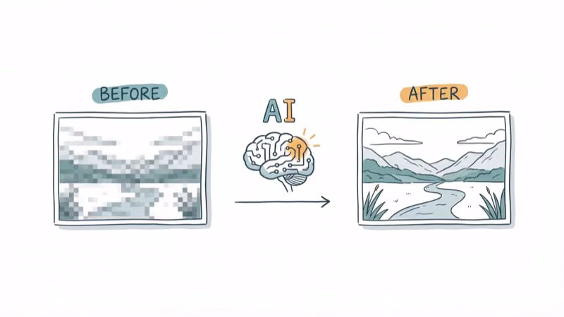 Before and after comparison of blurry photo transforming to sharp with AI icon
