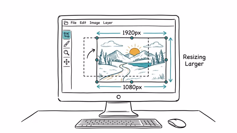 Desktop screen showing image editing software with photo being resized larger
