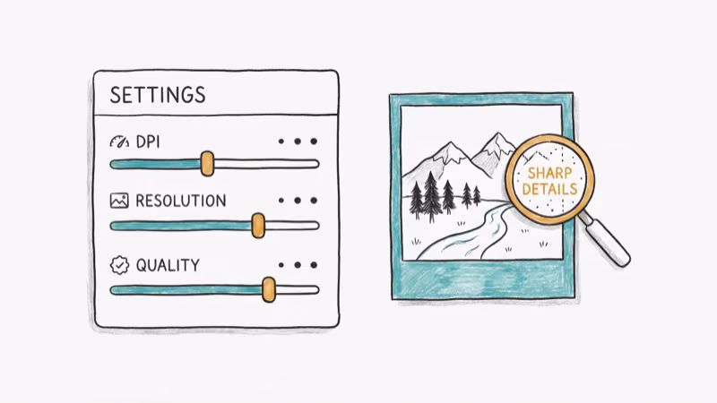 Settings panel with sliders for DPI resolution and quality next to sharp photo