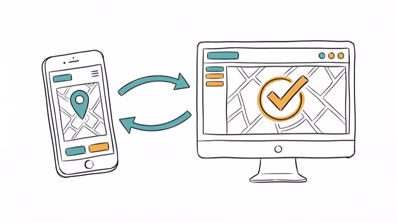 Phone and desktop connected by arrows showing virtual location tool with map