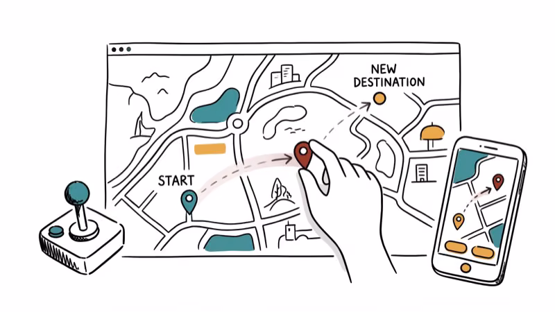 Map with GPS pin being dragged to new location with joystick controller