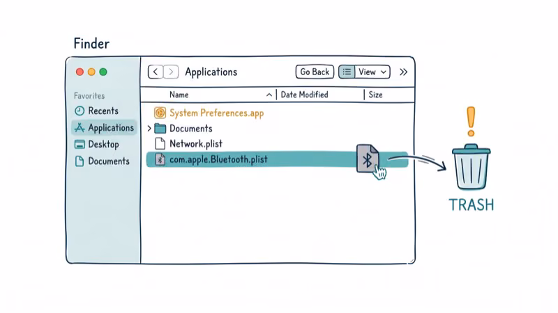 Mac Finder window showing Bluetooth plist file being deleted to trash