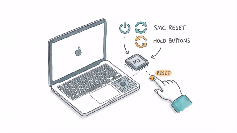 MacBook with chip exposed and reset button showing SMC reset process