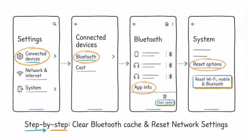 Android settings screens showing Bluetooth cache clearing and network reset steps