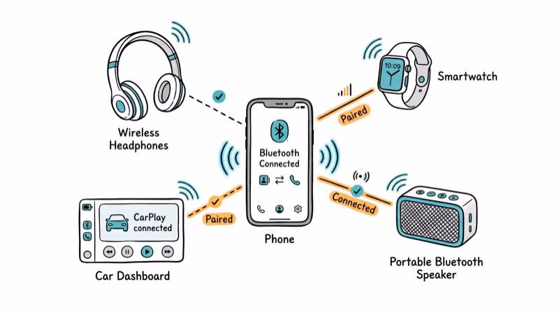 Phone surrounded by Bluetooth devices showing proper pairing connections