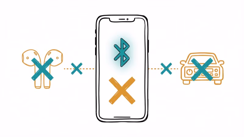 iPhone with Bluetooth symbol and X mark unable to connect to AirPods and car