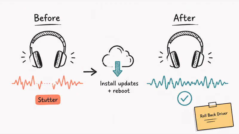 Hand-drawn before-and-after of Windows Update smoothing stuttering Bluetooth audio on a Copilot Plus PC