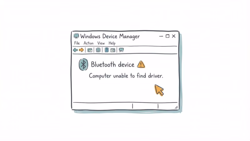 Windows Device Manager showing Bluetooth device with yellow warning triangle