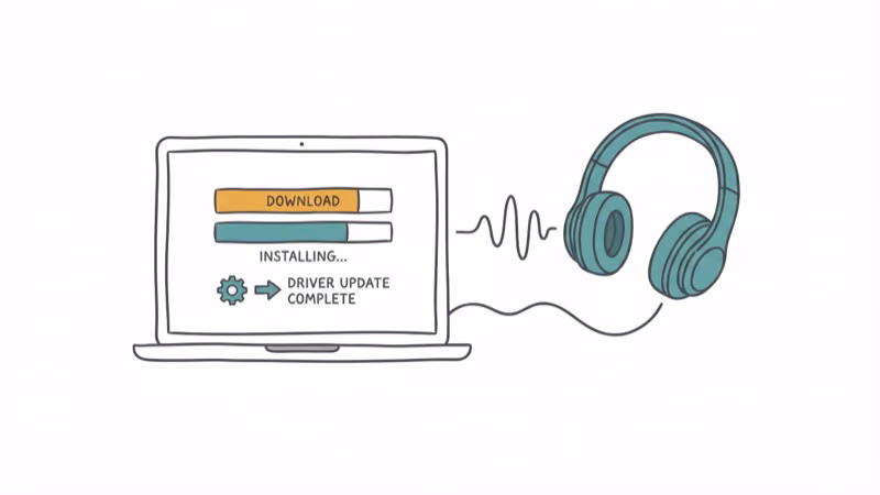 Laptop connected to wireless headphones with driver download progress bar