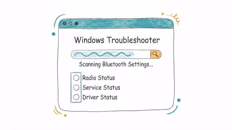 Windows Bluetooth troubleshooter scanning radio service and driver status