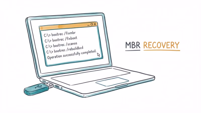 Command prompt window showing MBR rebuild commands with USB recovery drive