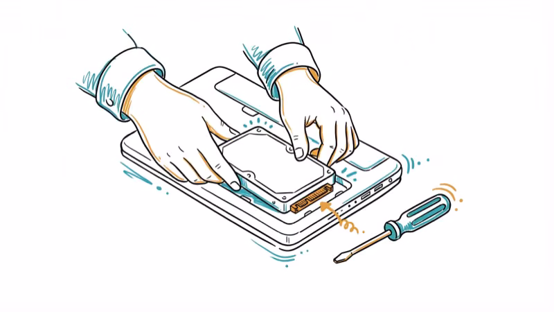 Hands reseating a hard drive into laptop bay with SATA connector visible