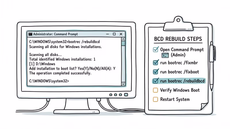 Command prompt terminal showing BCD rebuild commands with completion checklist