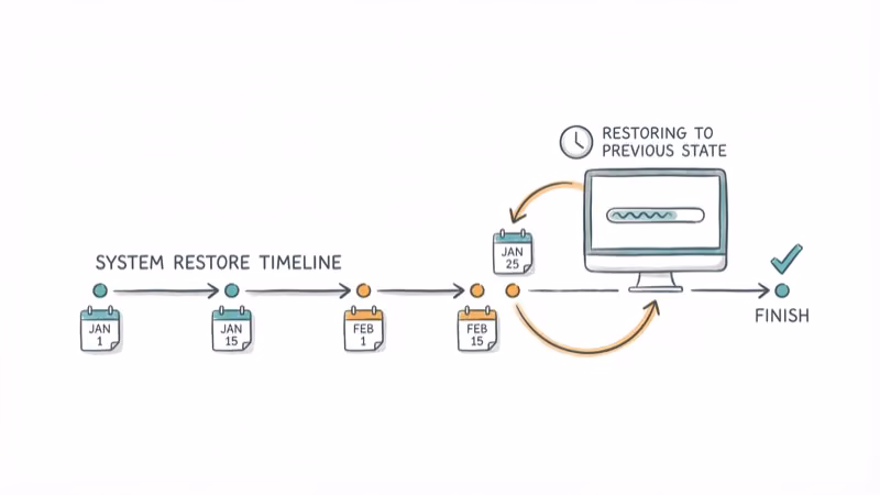 System restore timeline showing restore points with calendar dates on computer
