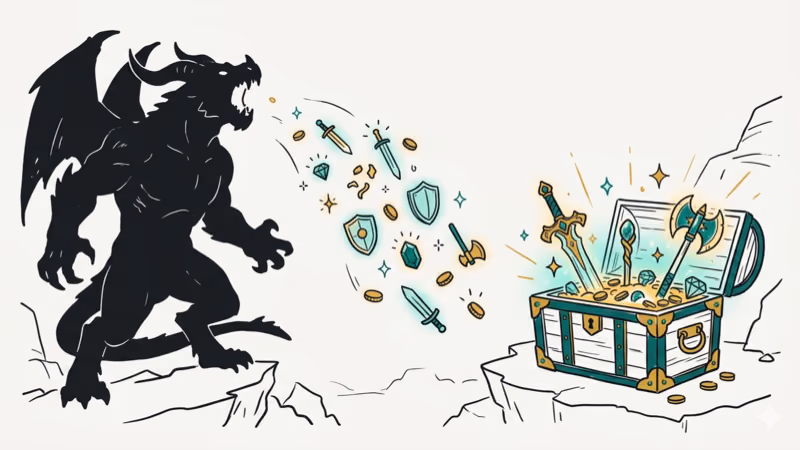 Treasure chest with legendary weapon loot drops from boss farming