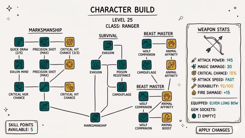 Character build skill tree and weapon stats panel for shotgun