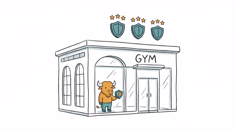 Buffalo creature guarding a gym building with shield icons and defense stars
