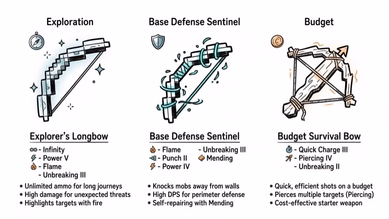 Three Minecraft bows with different enchantment setups for exploration defense and budget
