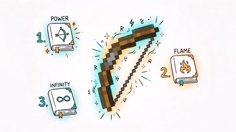Minecraft bow with glowing enchantment effects and ranked enchanted books