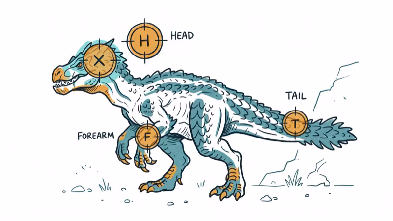 Brachydios body diagram with target markers on head forearms and tail