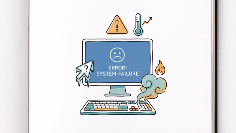 Computer showing common failure signs with blue screen overheating and frozen cursor
