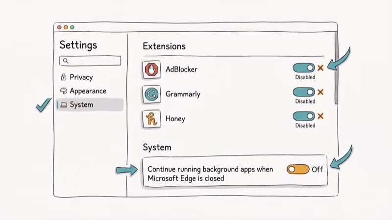 Microsoft Edge browser settings panel with extensions and background apps toggles