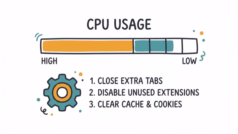 CPU usage meter going from high to low with settings gear and optimization steps